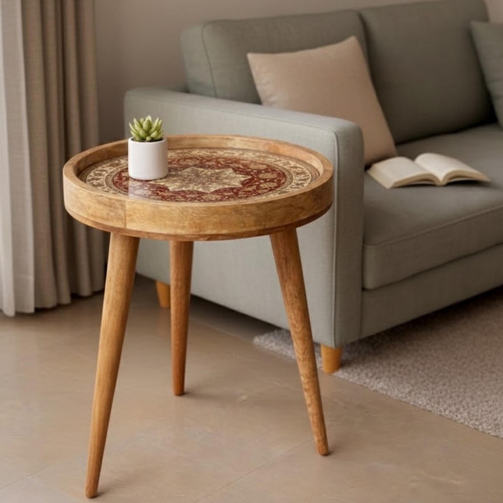Handmade Mango Wood Side Table | Persian Mandala Print Boho Accent Table