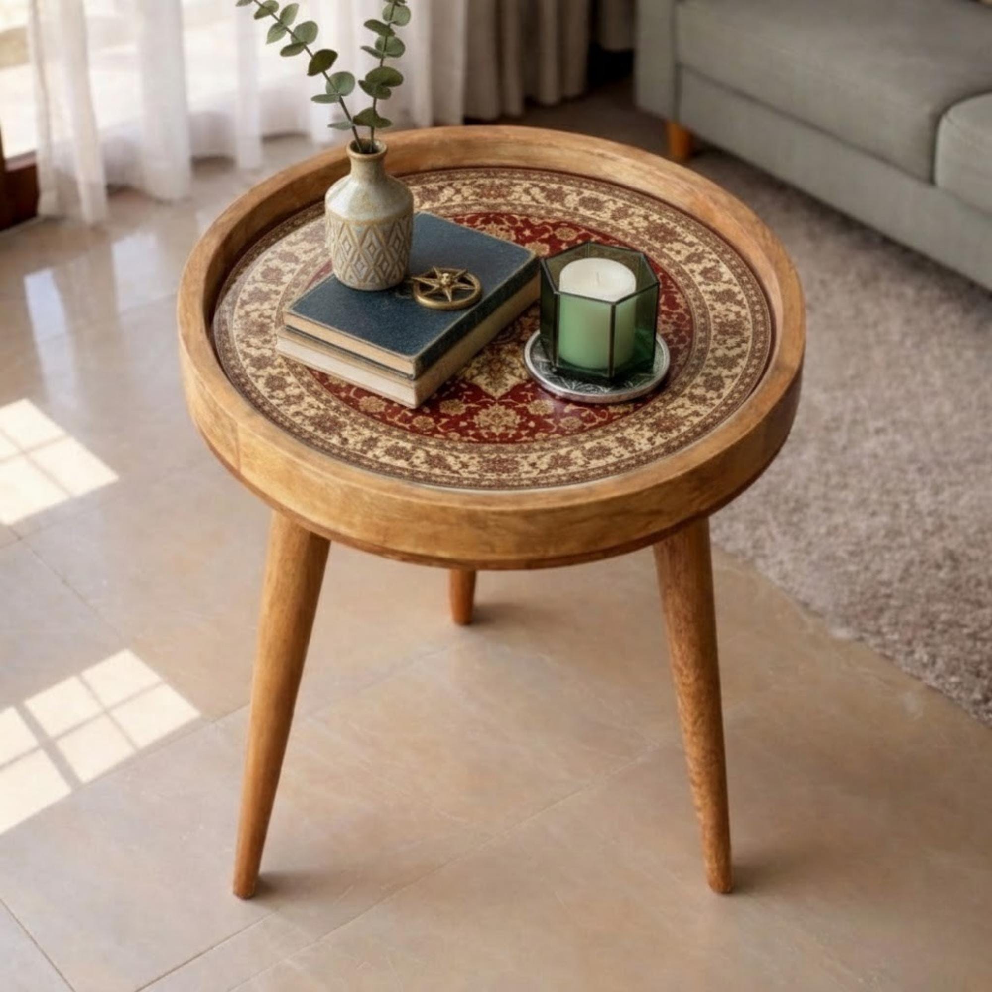 Handmade Mango Wood Side Table | Persian Mandala Print Boho Accent Table