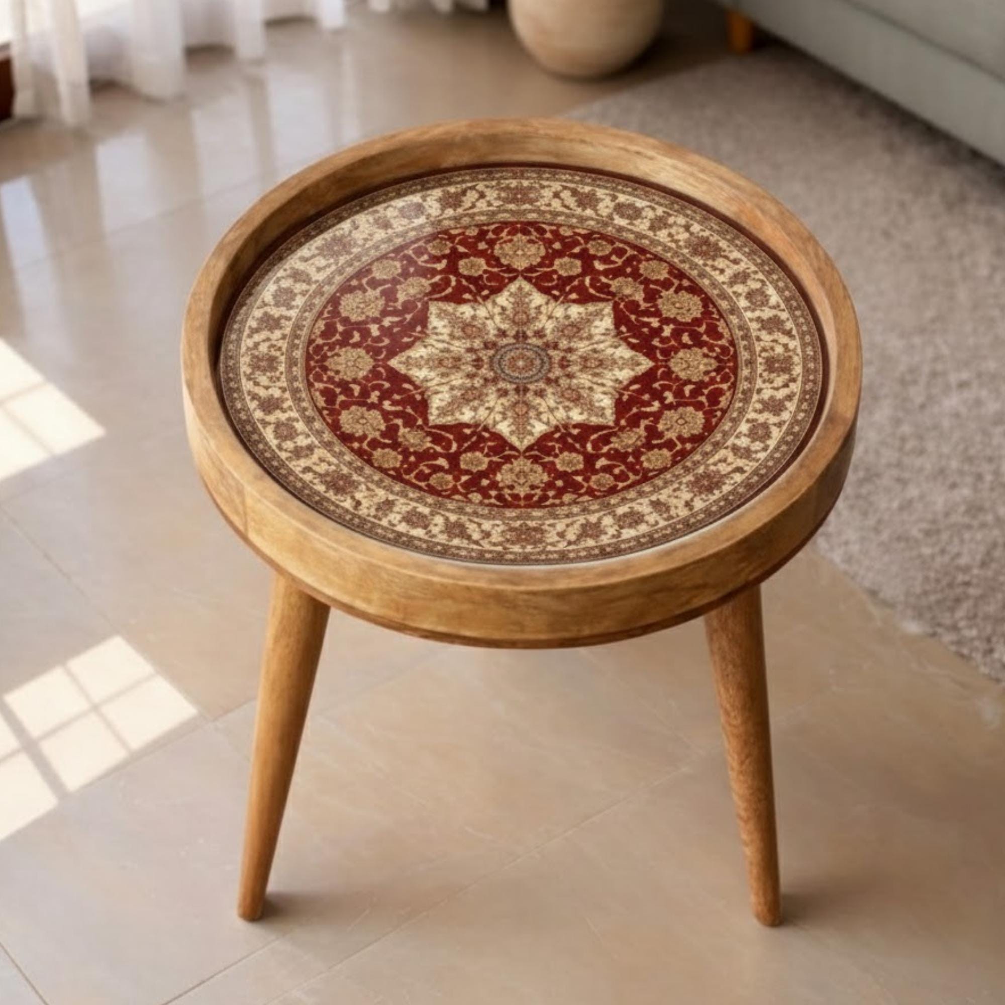 Handmade Mango Wood Side Table | Persian Mandala Print Boho Accent Table