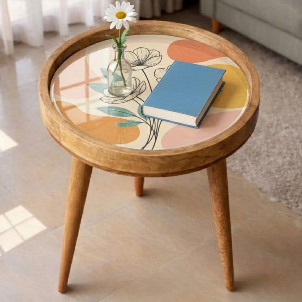 Handmade Mango Wood Side Table | Modern Floral Print Round Accent Table