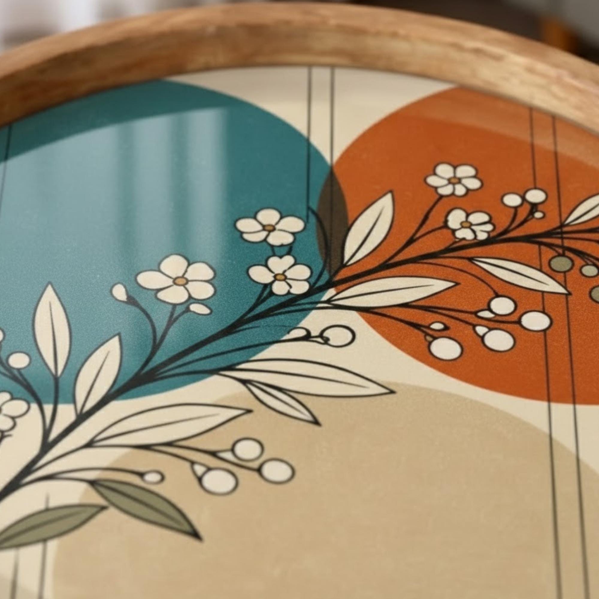 Handmade Mango Wood Side Table | Modern Botanical Floral Print, Round Accent Table
