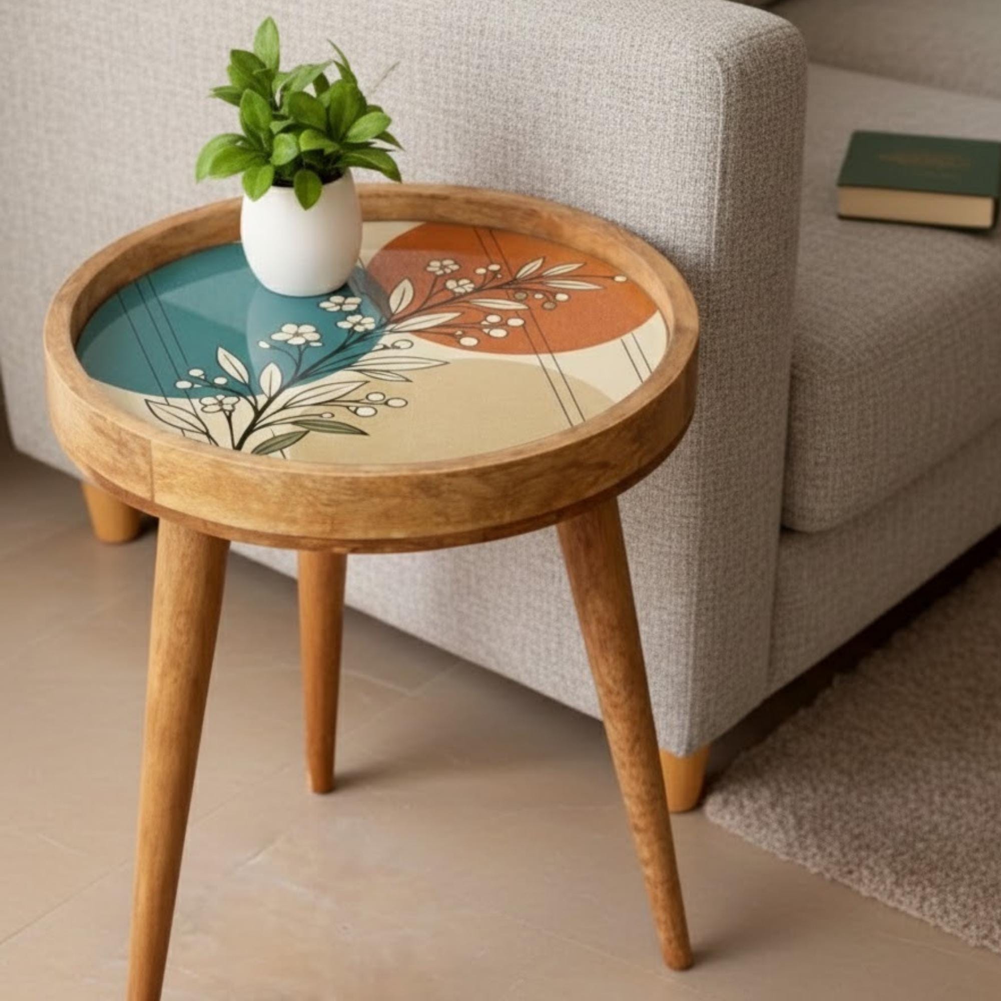 Handmade Mango Wood Side Table | Modern Botanical Floral Print, Round Accent Table