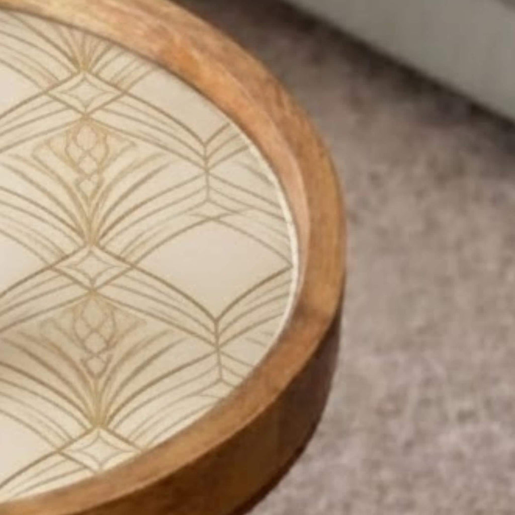Handmade Mango Wood Side Table | Art Deco Geometric Print Round Accent Table