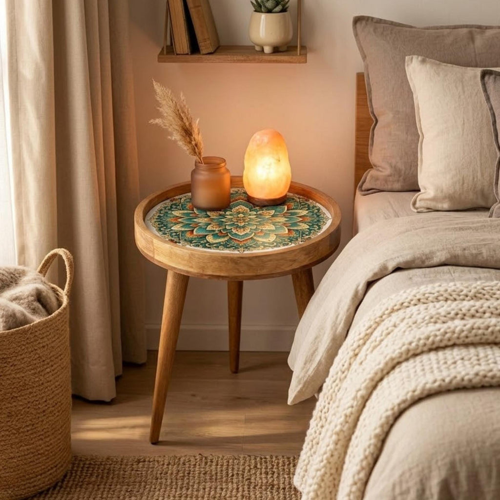 Handmade Mandala Mango Wood Side Stool | Round End Stand Printed Art