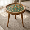 Handmade Mandala Mango Wood Side Stool | Round End Stand Printed Art