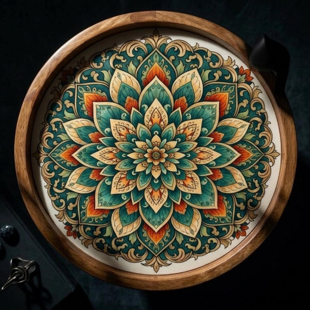 Handmade Mandala Mango Wood Side Stool | Round End Stand Printed Art