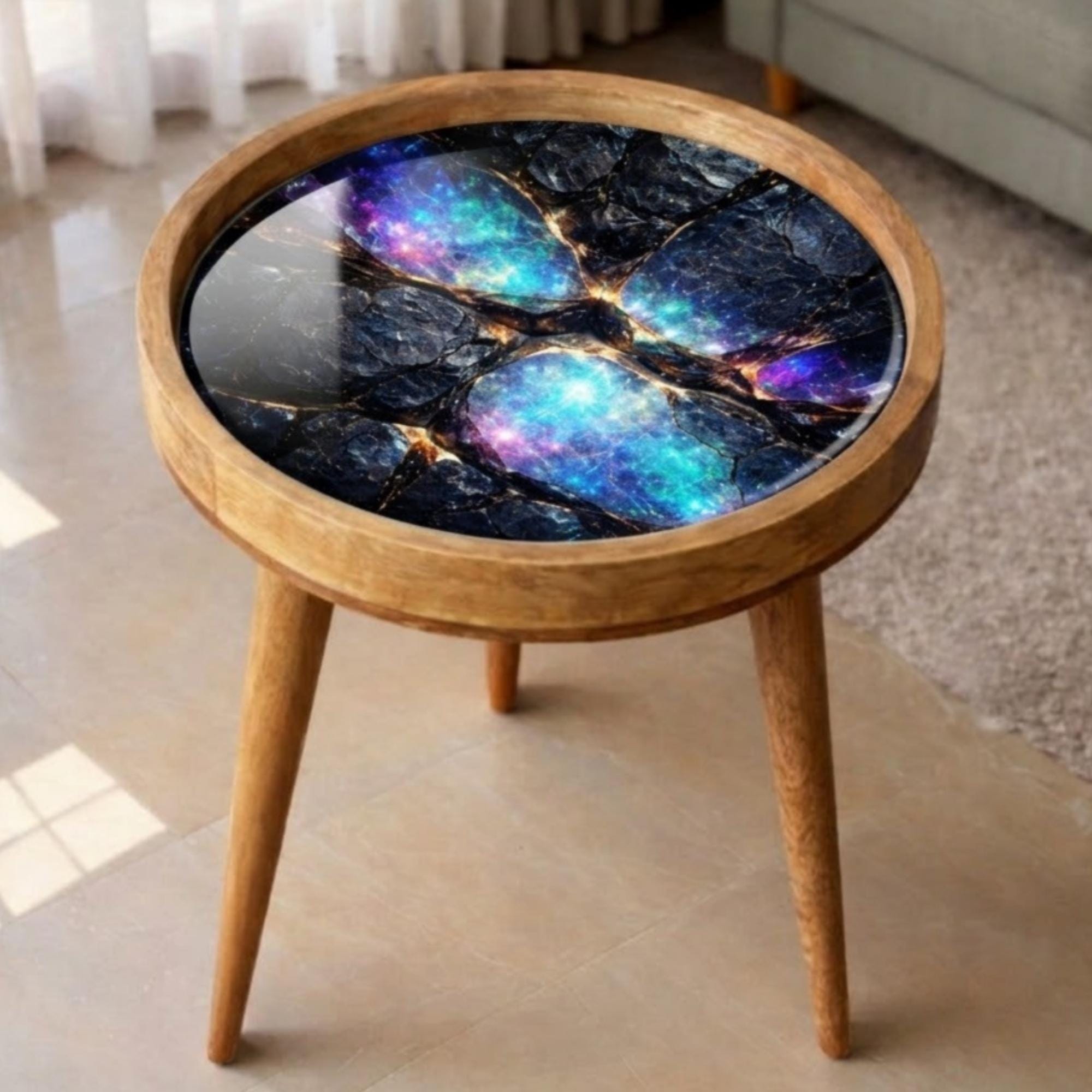 Handmade Galaxy Mango Wood Side Stool | Round End Stand Printed Design