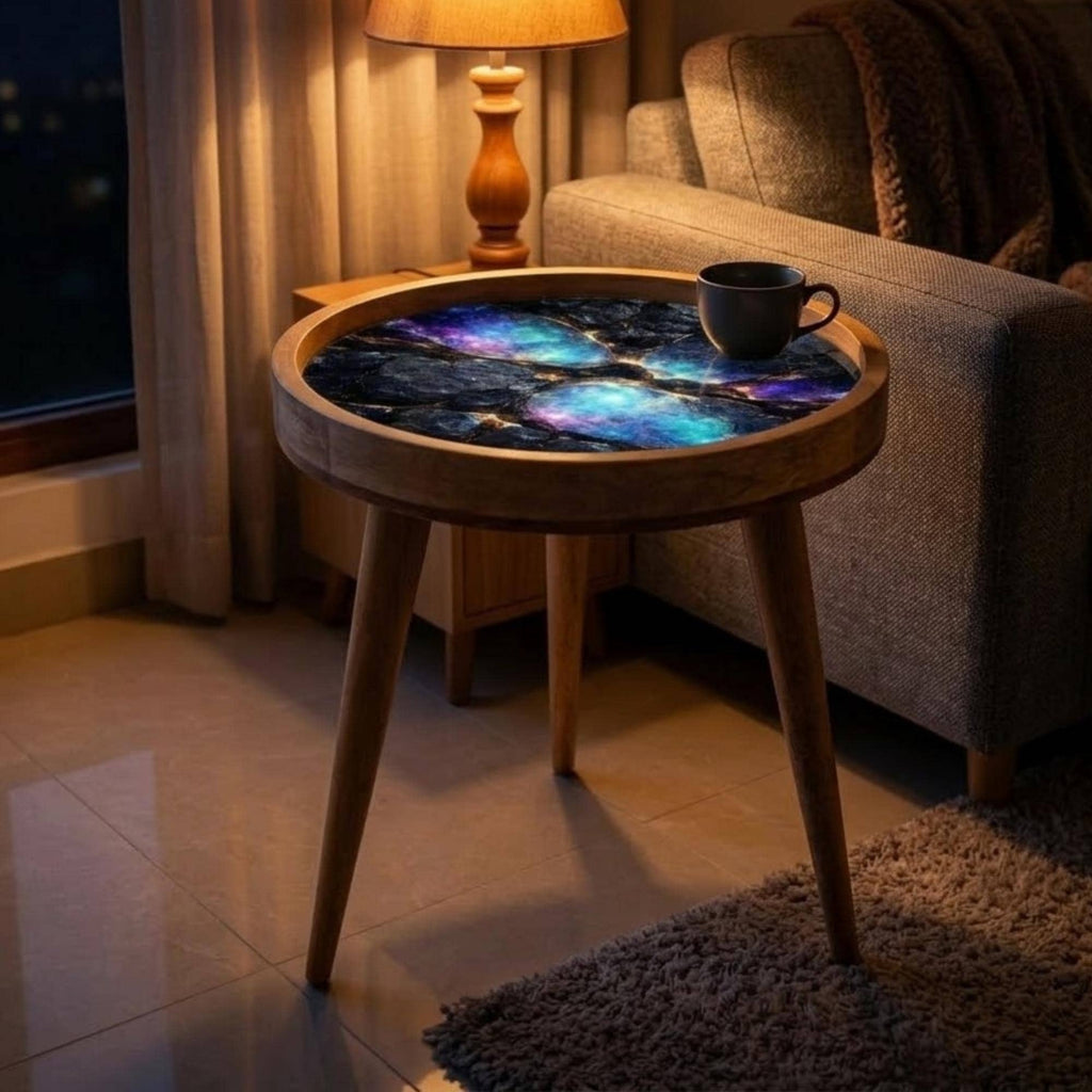 Handmade Galaxy Mango Wood Side Stool | Round End Stand Printed Design