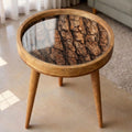 Handmade Mango Wood Round Side Stand | Rustic Printed End Furniture | Glass Top Accent Stool
