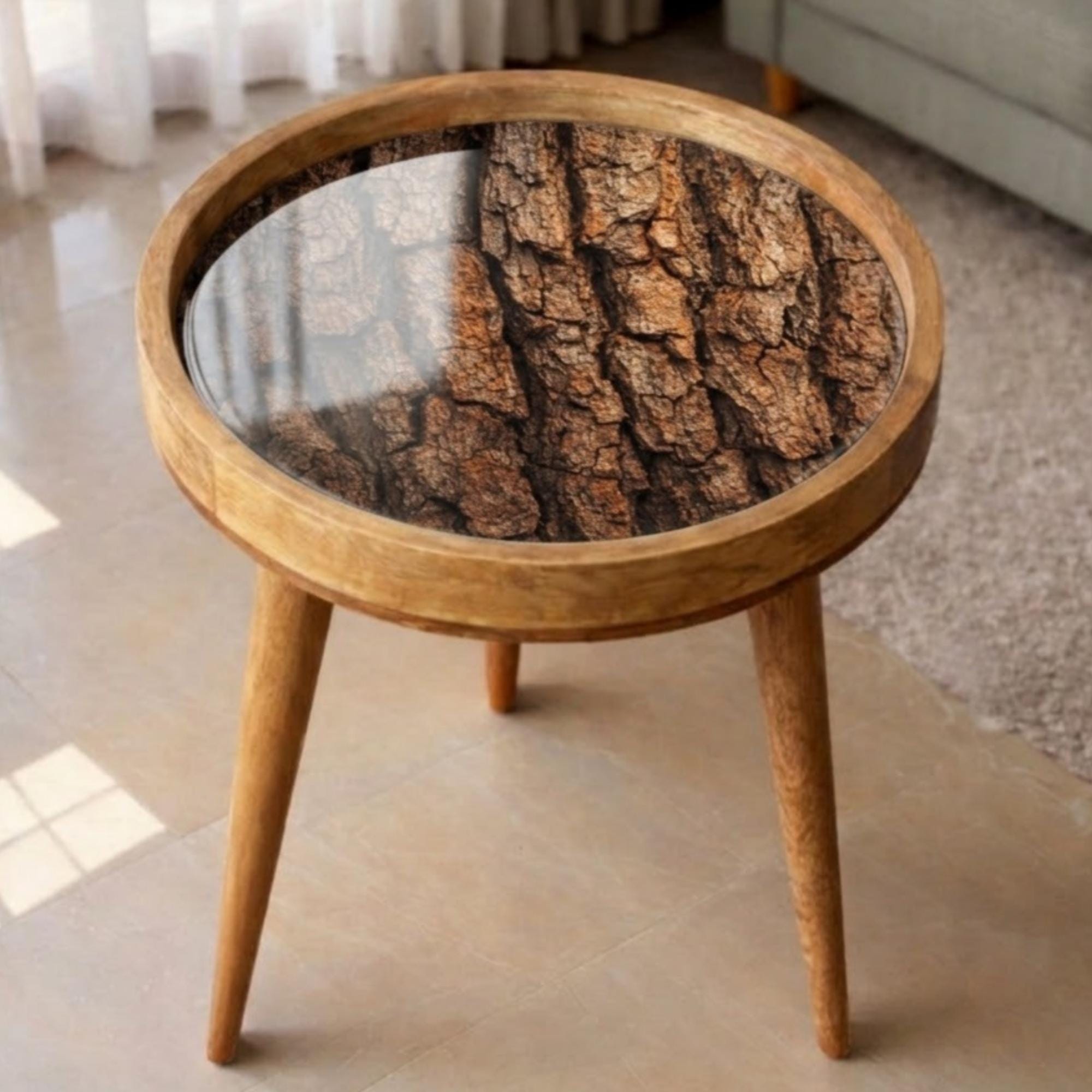 Handmade Mango Wood Round Side Stand | Rustic Printed End Furniture | Glass Top Accent Stool