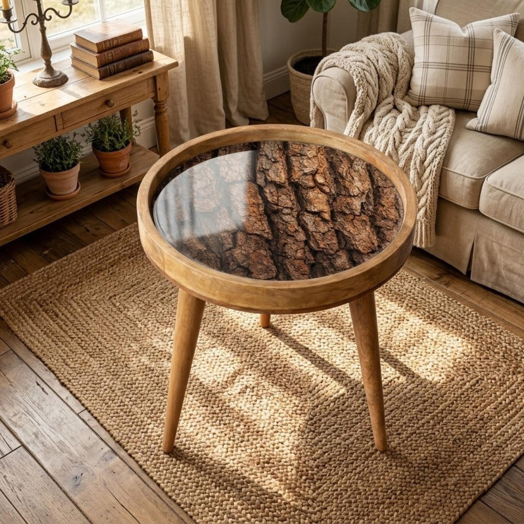 Handmade Mango Wood Round Side Stand | Rustic Printed End Furniture | Glass Top Accent Stool