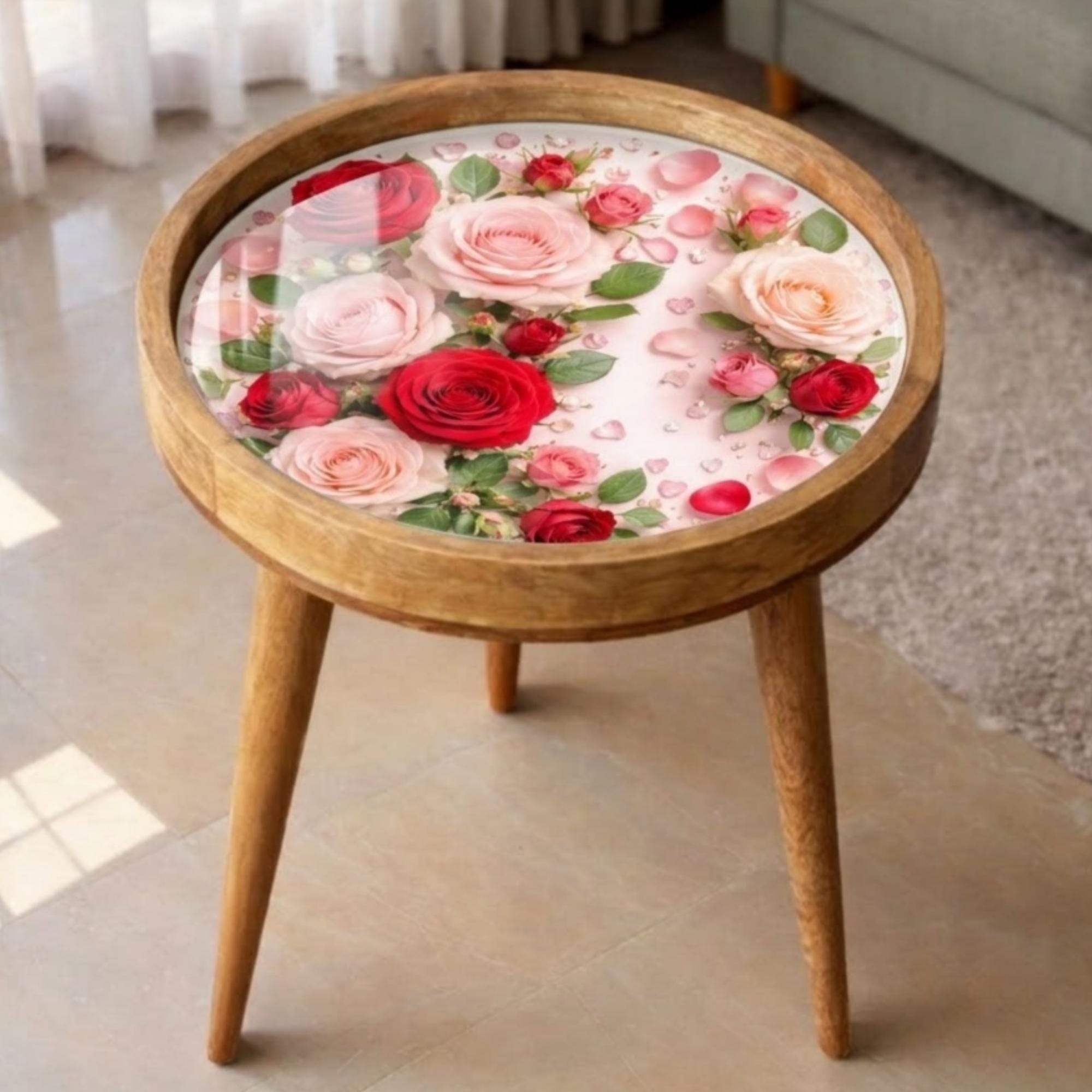 Handmade Mango Wood Side Table | Rose Printed Glass Top Accent Furniture
