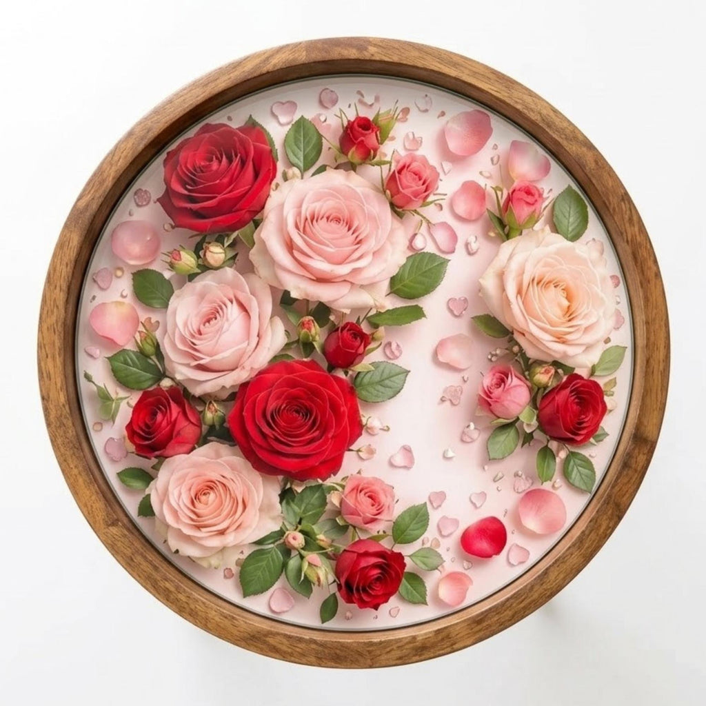 Handmade Mango Wood Side Table | Rose Printed Glass Top Accent Furniture