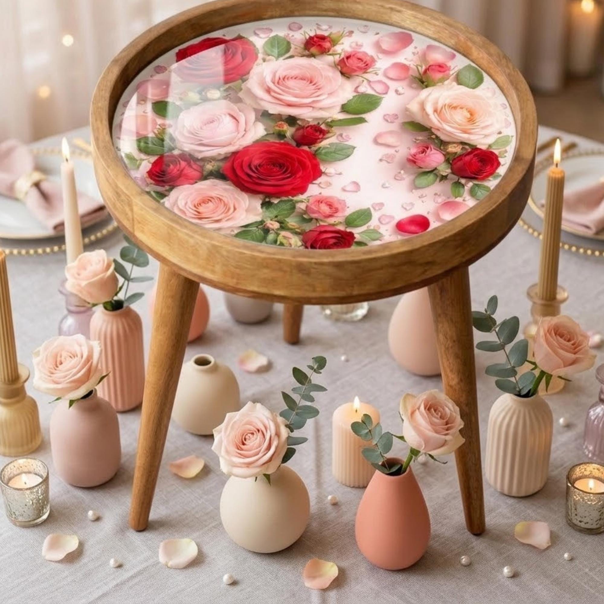 Handmade Mango Wood Side Table | Rose Printed Glass Top Accent Furniture