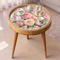 Handmade Mango Wood Side Stand | Floral Print Glass Top Accent Stool