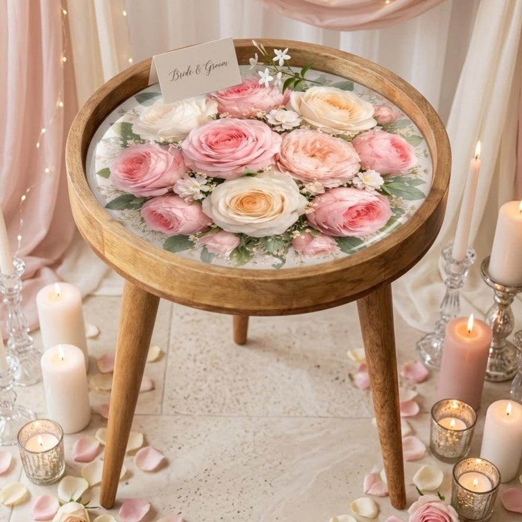 Handmade Mango Wood Side Stand | Floral Print Glass Top Accent Stool