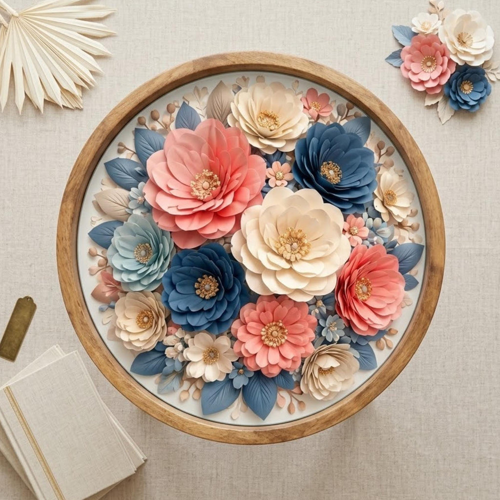 Handmade Mango Wood Side Stand with Floral Print and Glass Top