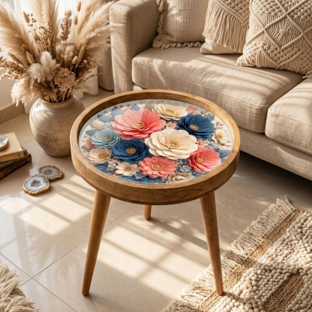 Handmade Mango Wood Side Stand with Floral Print and Glass Top