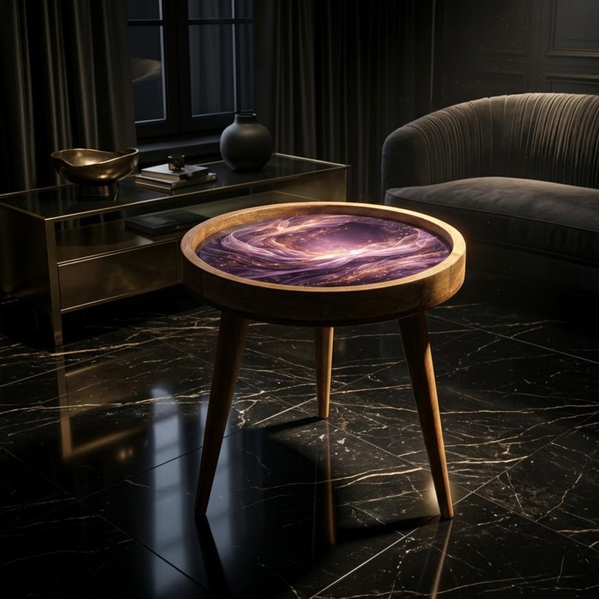 Handmade Mango Wood Side Table | Abstract Galaxy Glass Top Accent Furniture