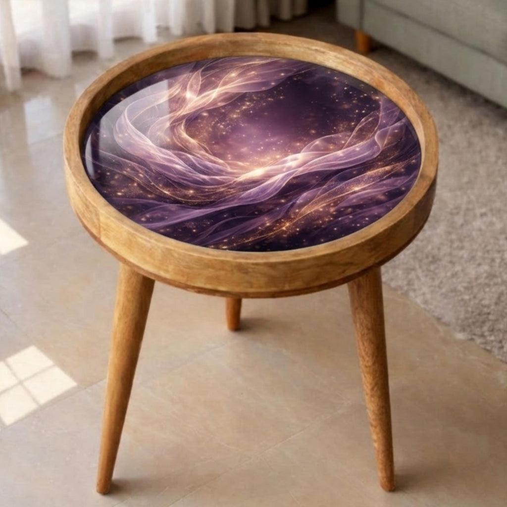 Handmade Mango Wood Side Table | Abstract Galaxy Glass Top Accent Furniture