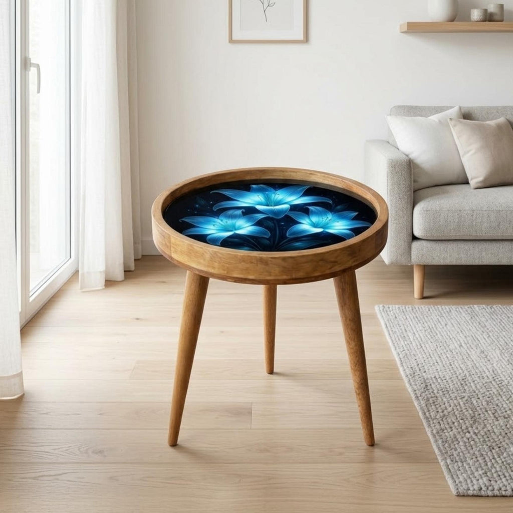 Handmade Mango Wood Side Table | Blue Floral Print, Round Glass Top Accent Furniture
