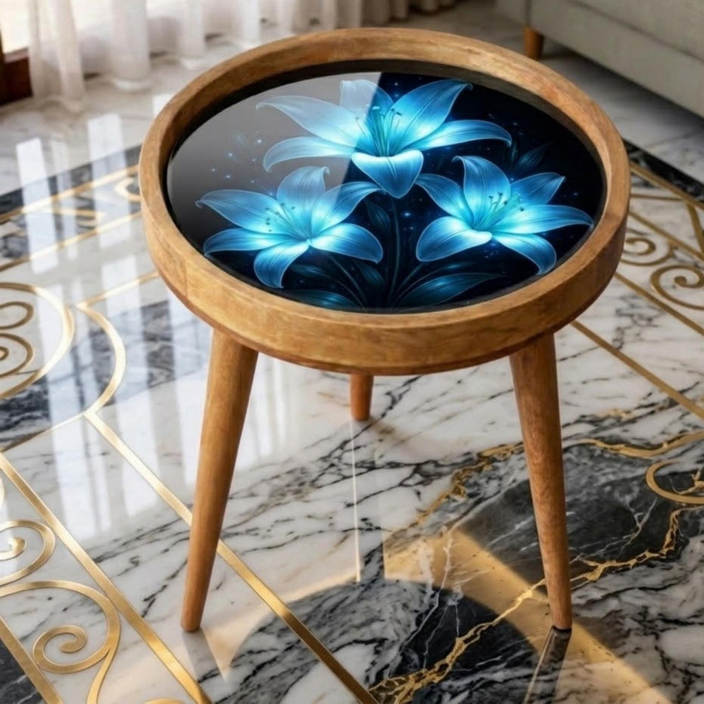 Handmade Mango Wood Side Table | Blue Floral Print, Round Glass Top Accent Furniture