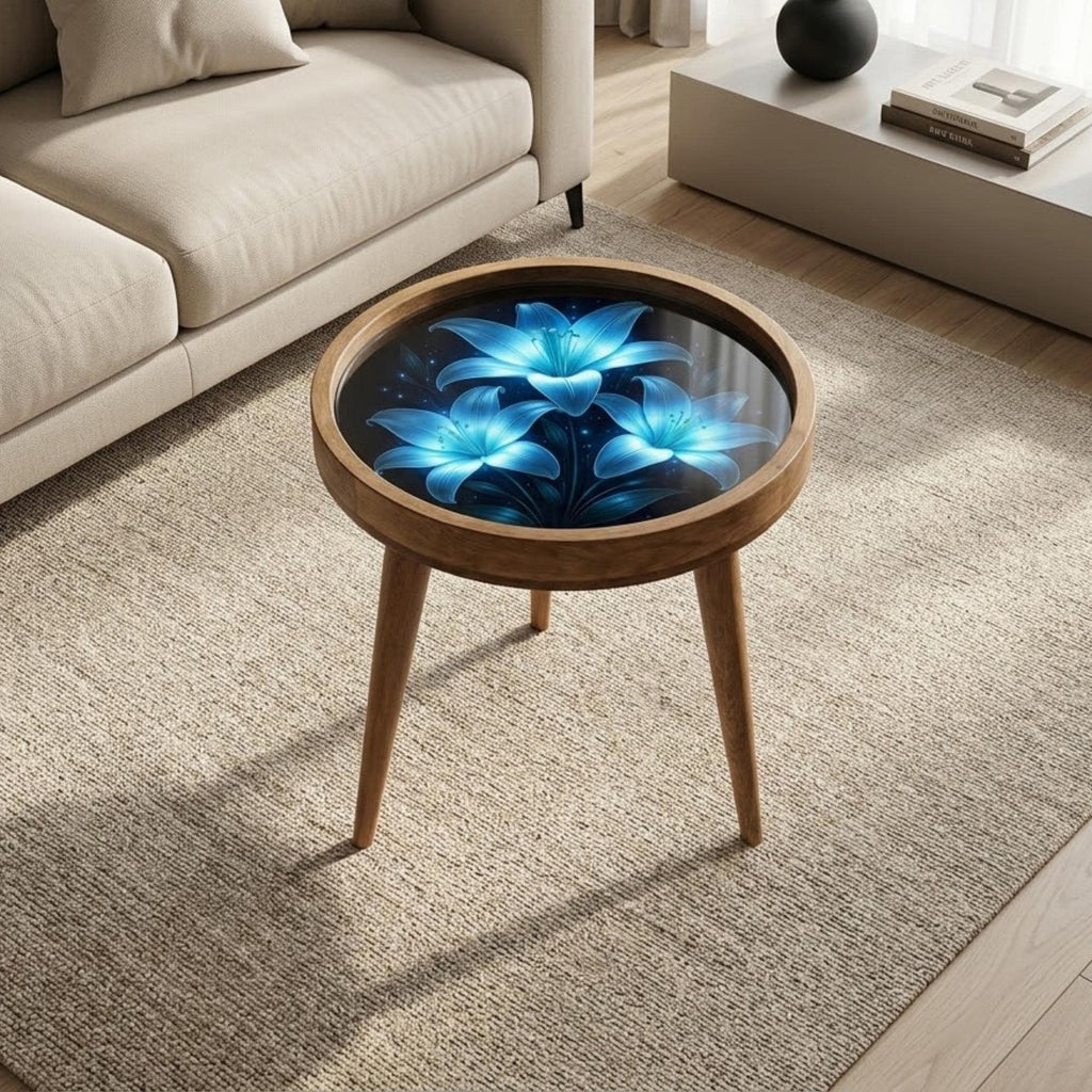 Handmade Mango Wood Side Table | Blue Floral Print, Round Glass Top Accent Furniture