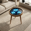 Handmade Mango Wood Side Table | Blue Floral Print, Round Glass Top Accent Furniture