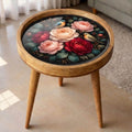 Handmade Mango Wood Side Stand | Floral Art Printed Round Accent Furniture