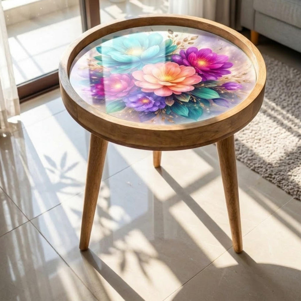 Handmade Floral Mango Wood Side Stand | Round End Accent Furniture | Printed Boho Bedside Decor