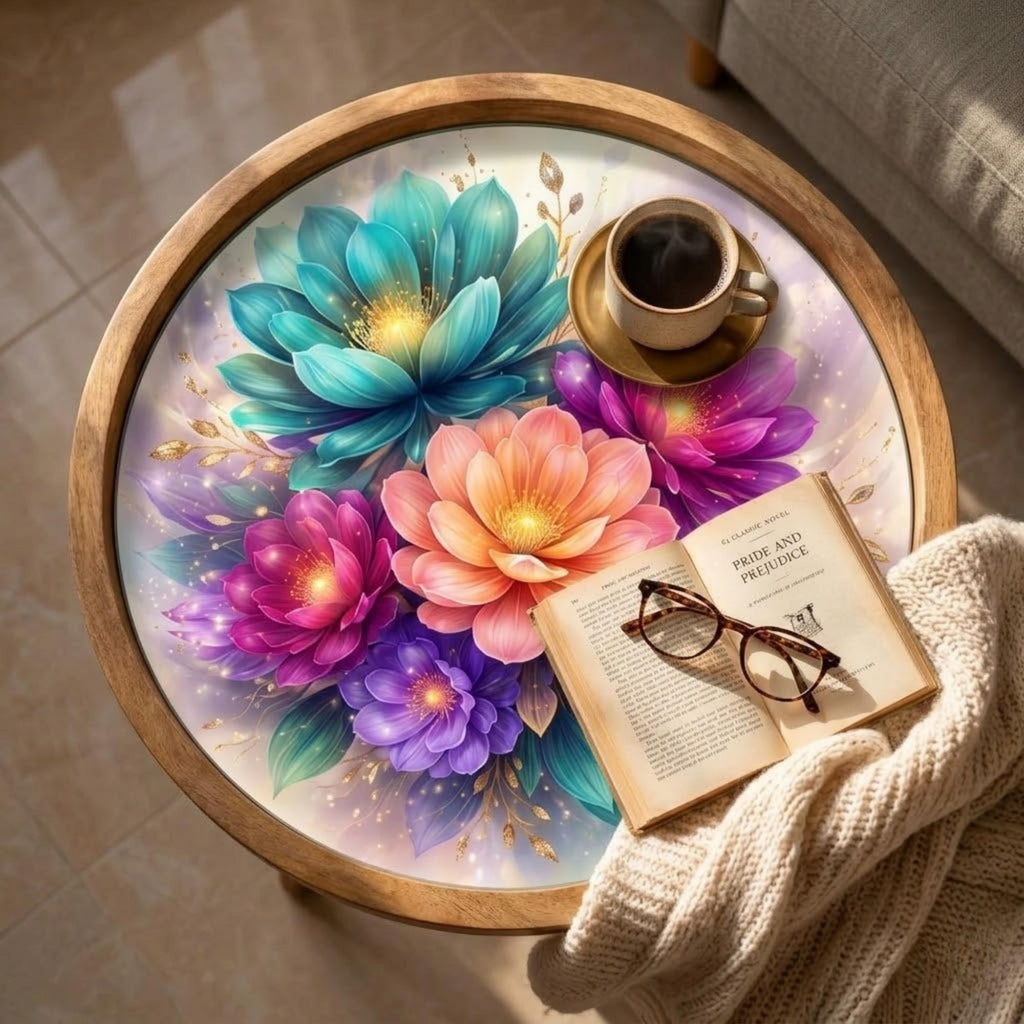 Handmade Floral Mango Wood Side Stand | Round End Accent Furniture | Printed Boho Bedside Decor