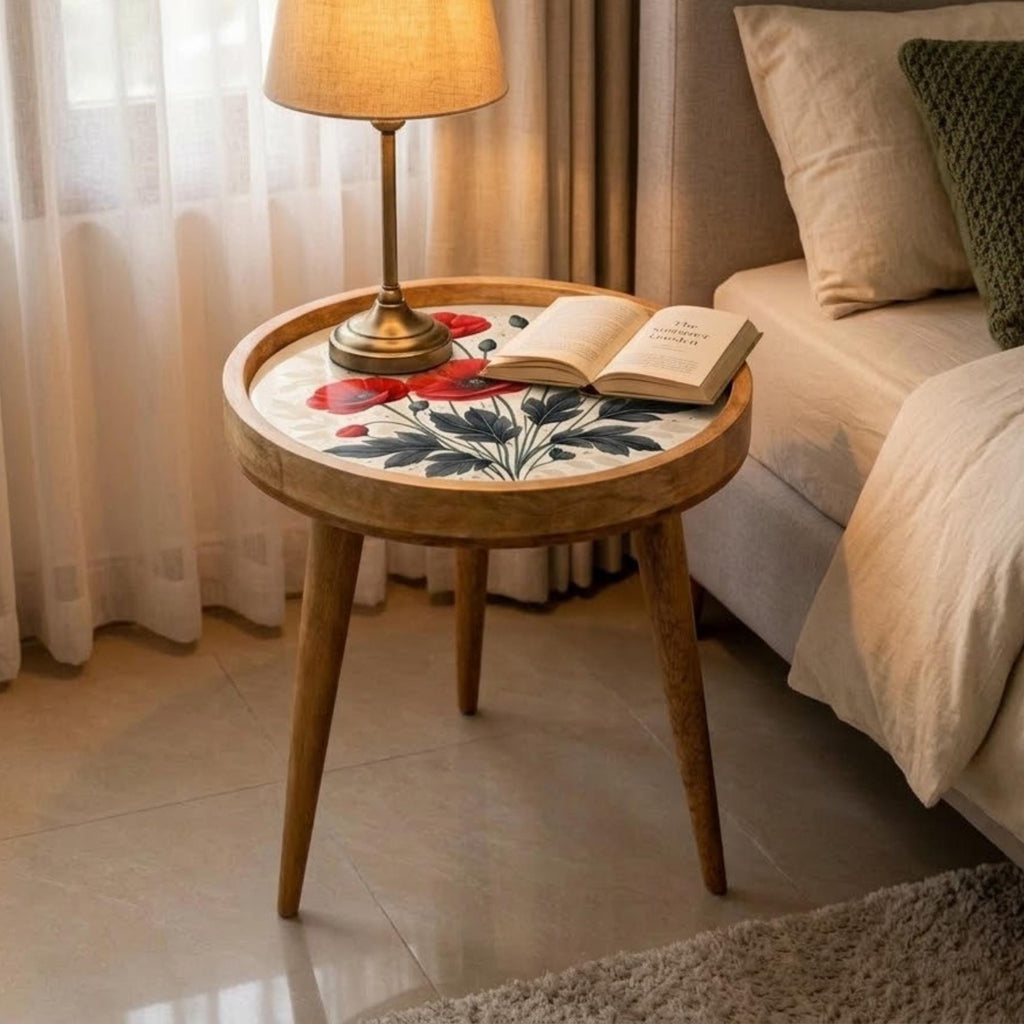 Handmade Poppy Floral Mango Wood Side Stand | Round Printed Accent Table | Boho Bedside Decor