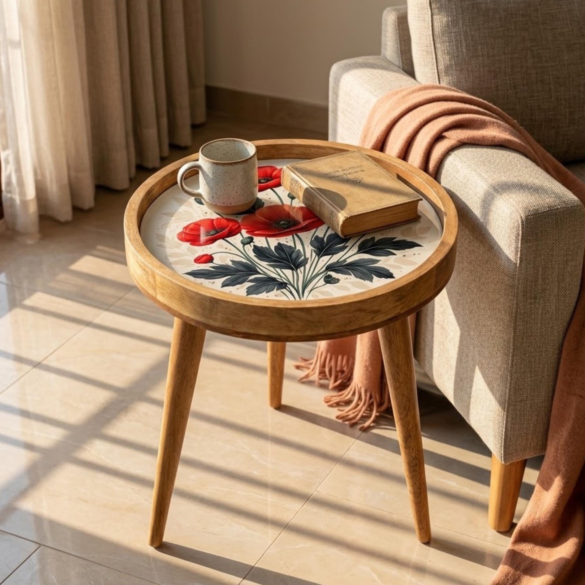 Handmade Poppy Floral Mango Wood Side Stand | Round Printed Accent Table | Boho Bedside Decor