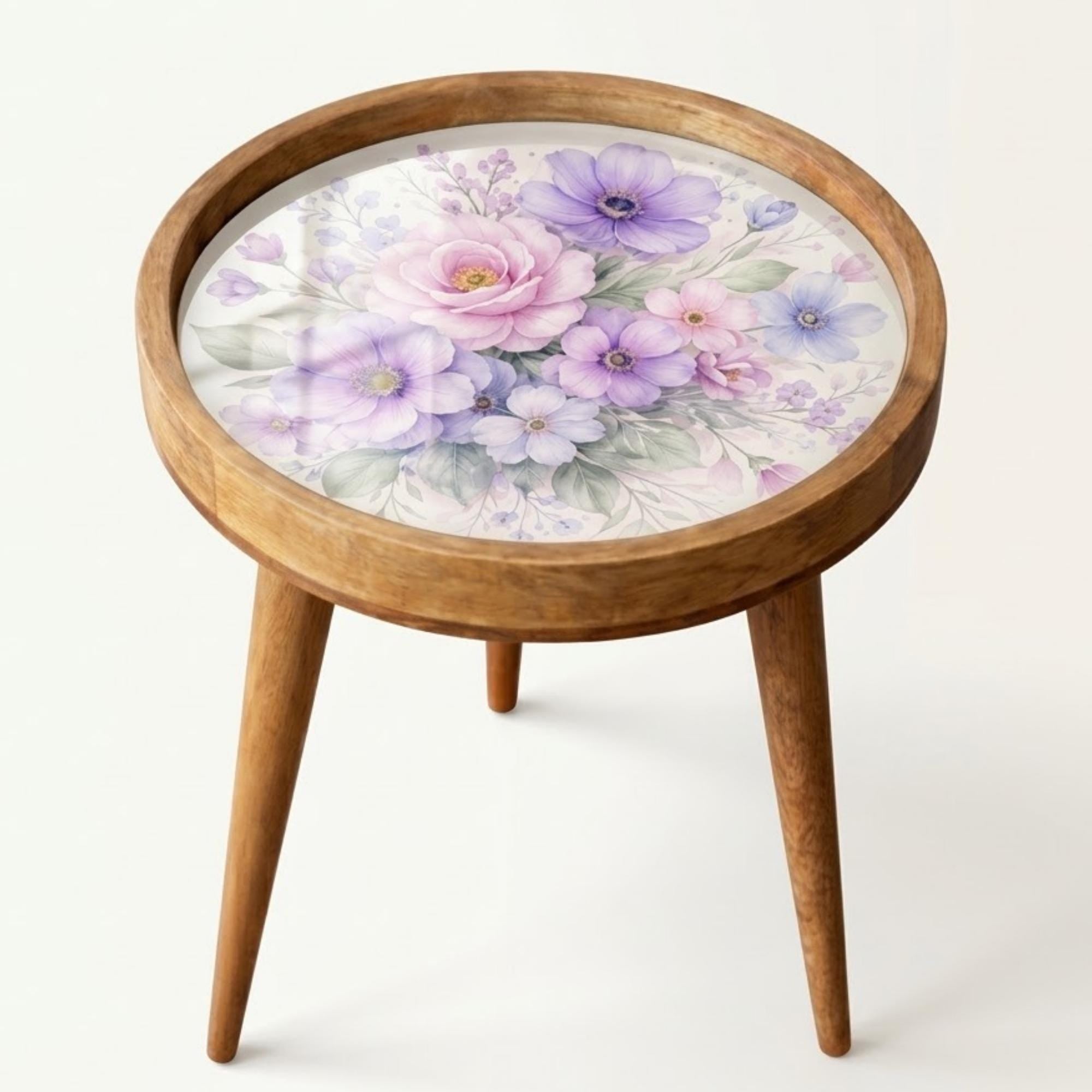 Handmade Floral Mango Wood Side Stand | Printed Round End Table | Boho Bedside Decor