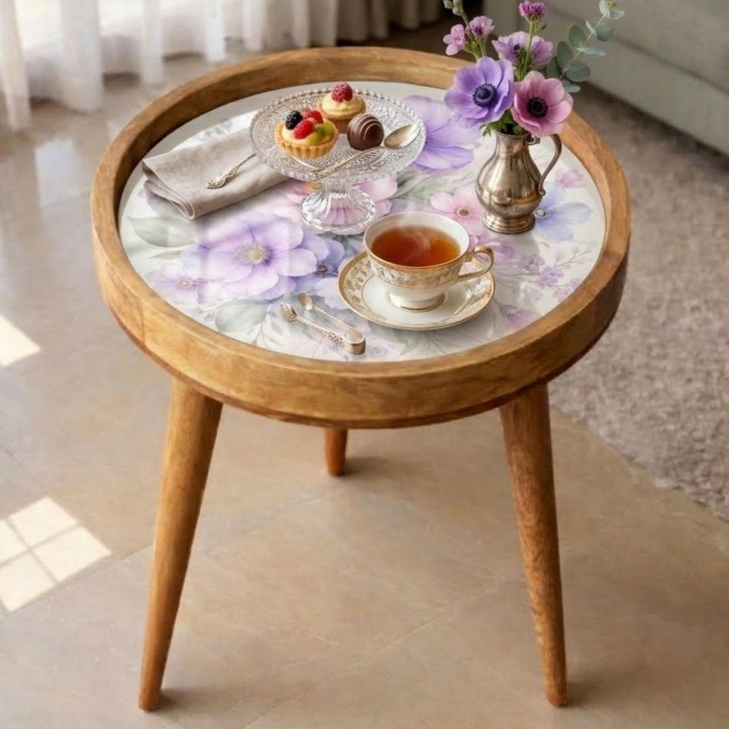 Handmade Floral Mango Wood Side Stand | Printed Round End Table | Boho Bedside Decor