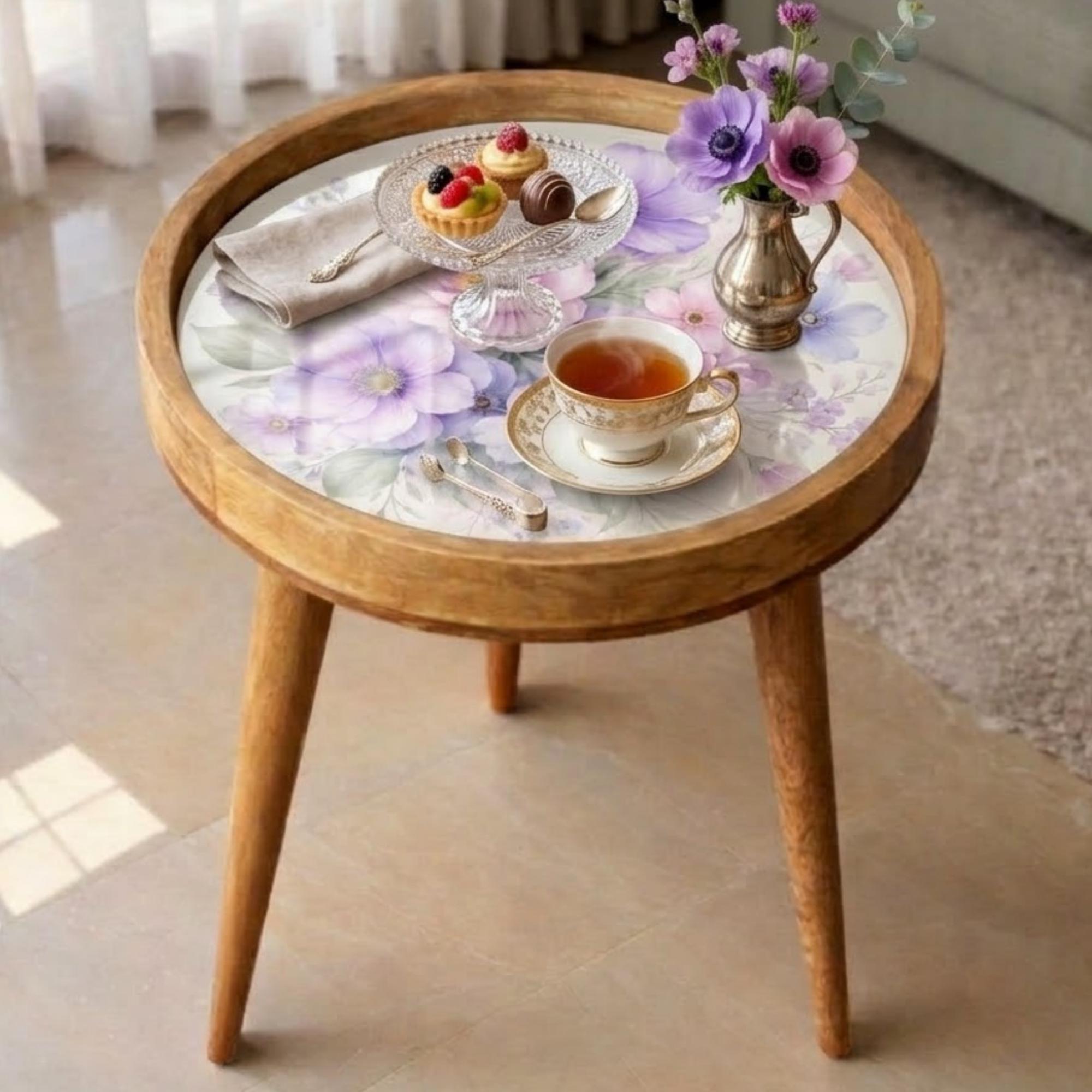 Handmade Floral Mango Wood Side Stand | Printed Round End Table | Boho Bedside Decor