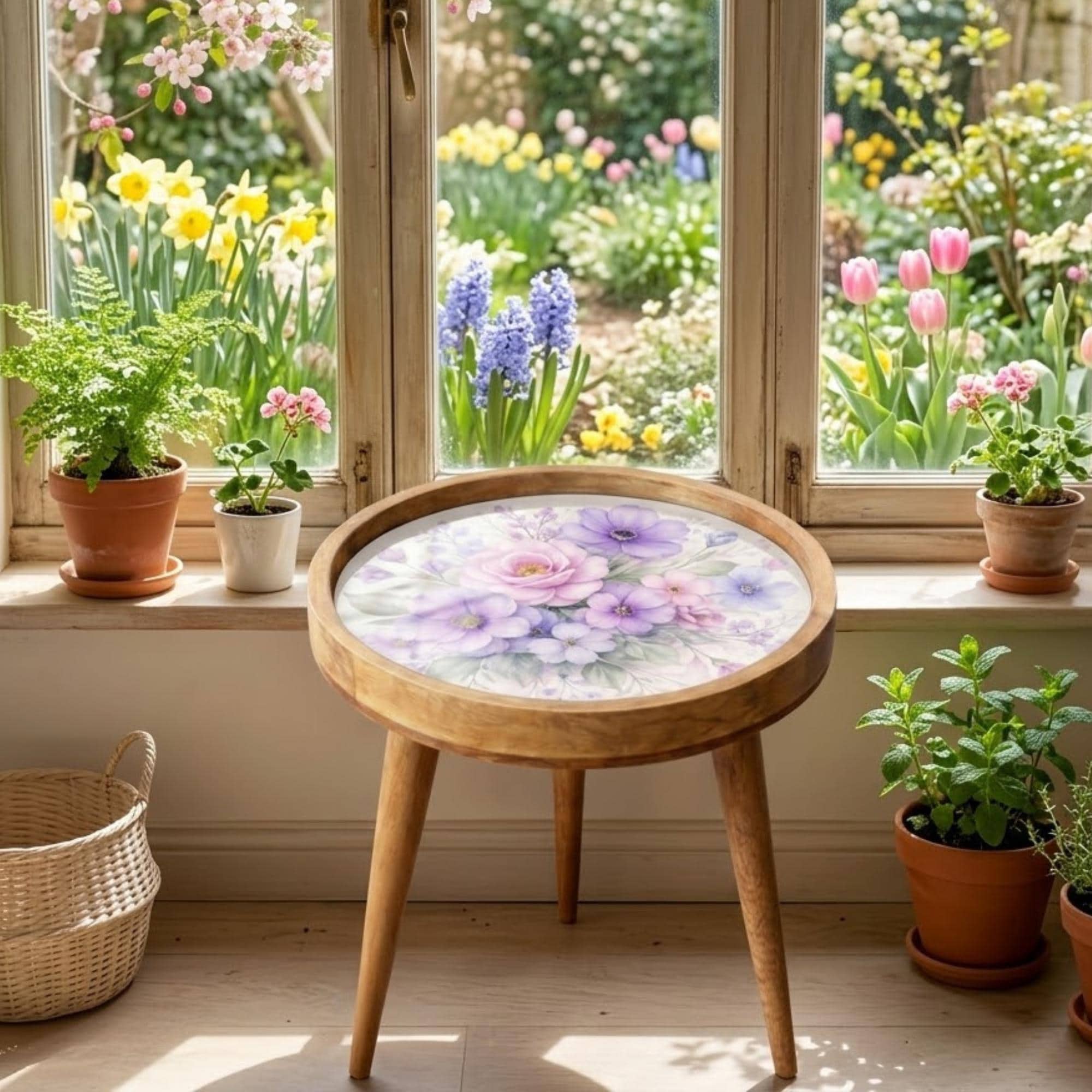 Handmade Floral Mango Wood Side Stand | Printed Round End Table | Boho Bedside Decor