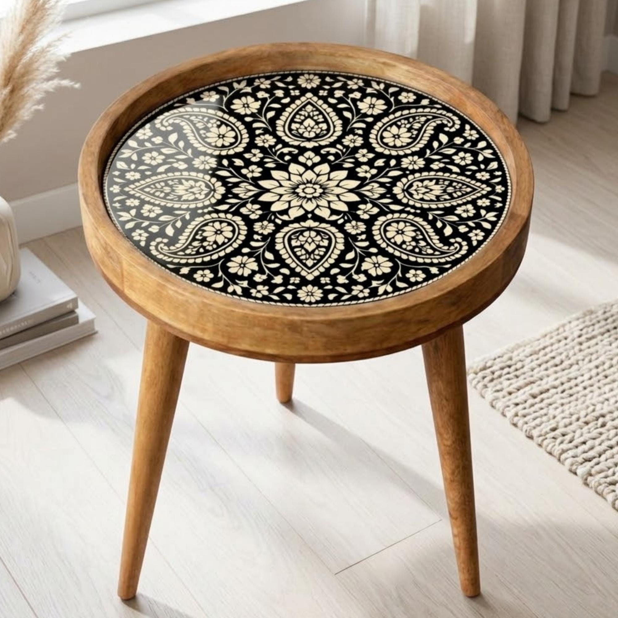 Handmade Mango Wood Side Table | Black Mandala Print Boho Accent Table