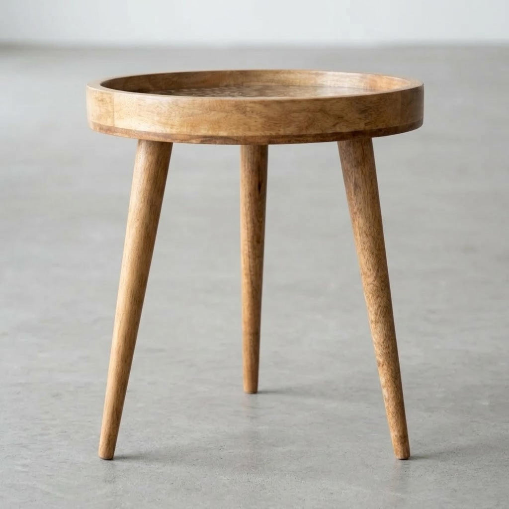 Handmade Mango Wood Side Table | Round Boho Accent Table, 18" Height