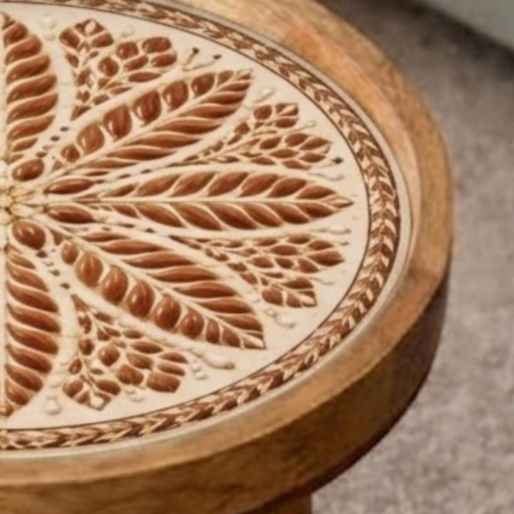 Handmade Mango Wood Side Table | Round Boho Accent Table, 18" Height