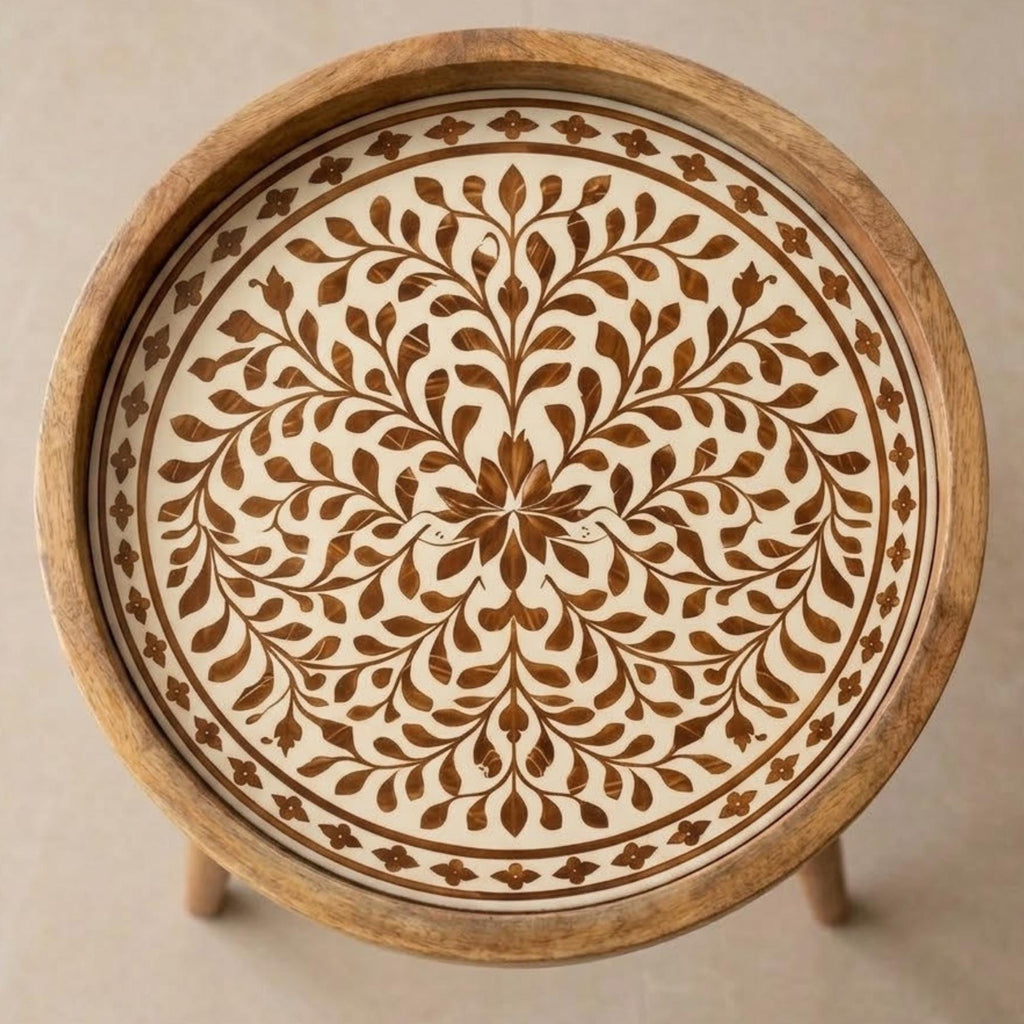 Handmade Mango Wood Side Table | Round Boho Accent Table with Printed Design