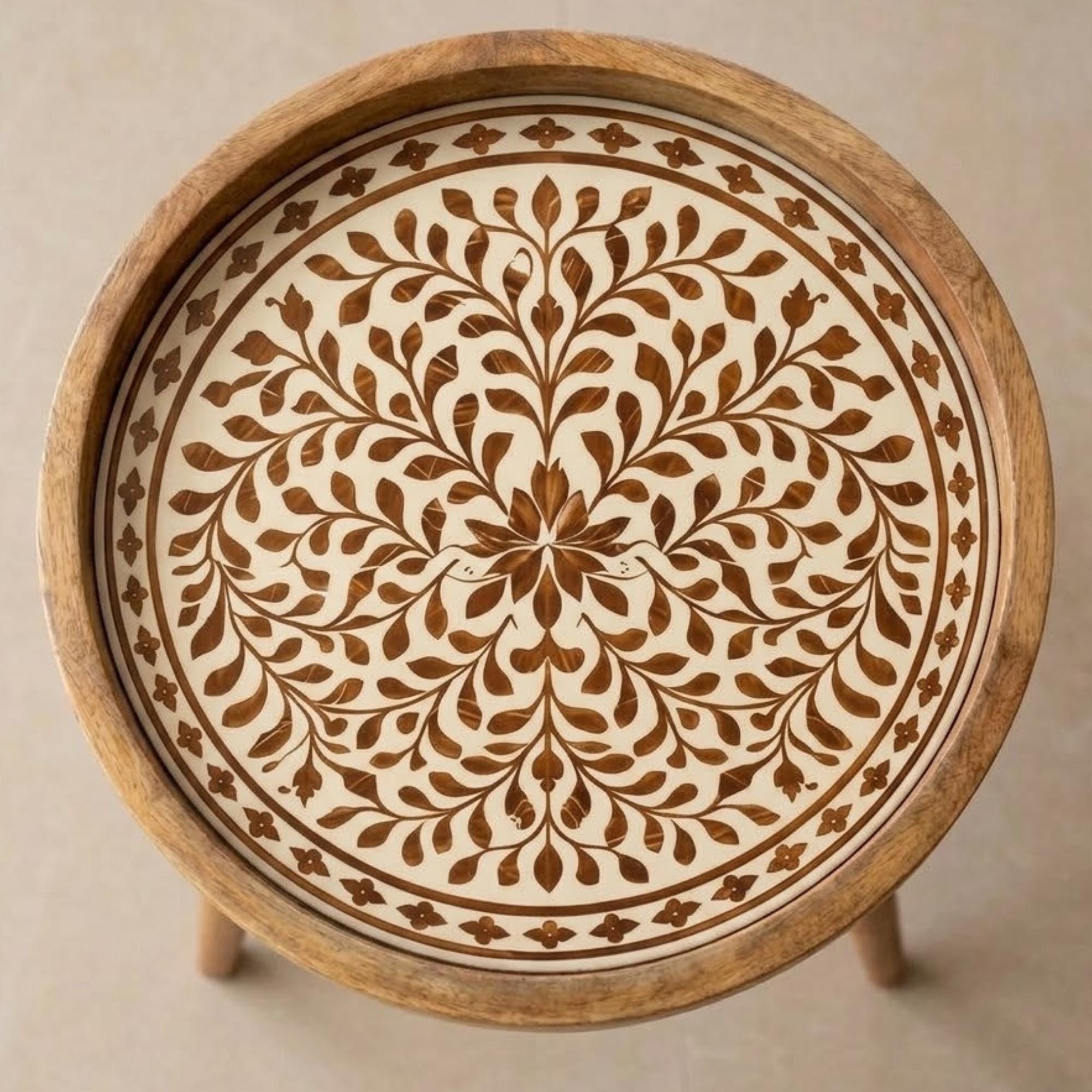 Handmade Mango Wood Side Table | Round Boho Accent Table with Printed Design