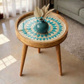 Handmade Turquoise Printed Mango Wood Round Side Table | Boho Accent Bedside Furniture