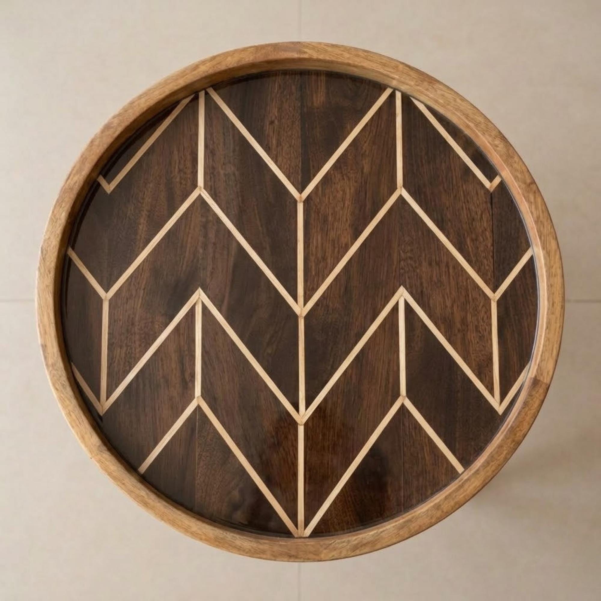 Handmade Geometric Mango Wood Side Table | Round Modern Accent Bedside Furniture
