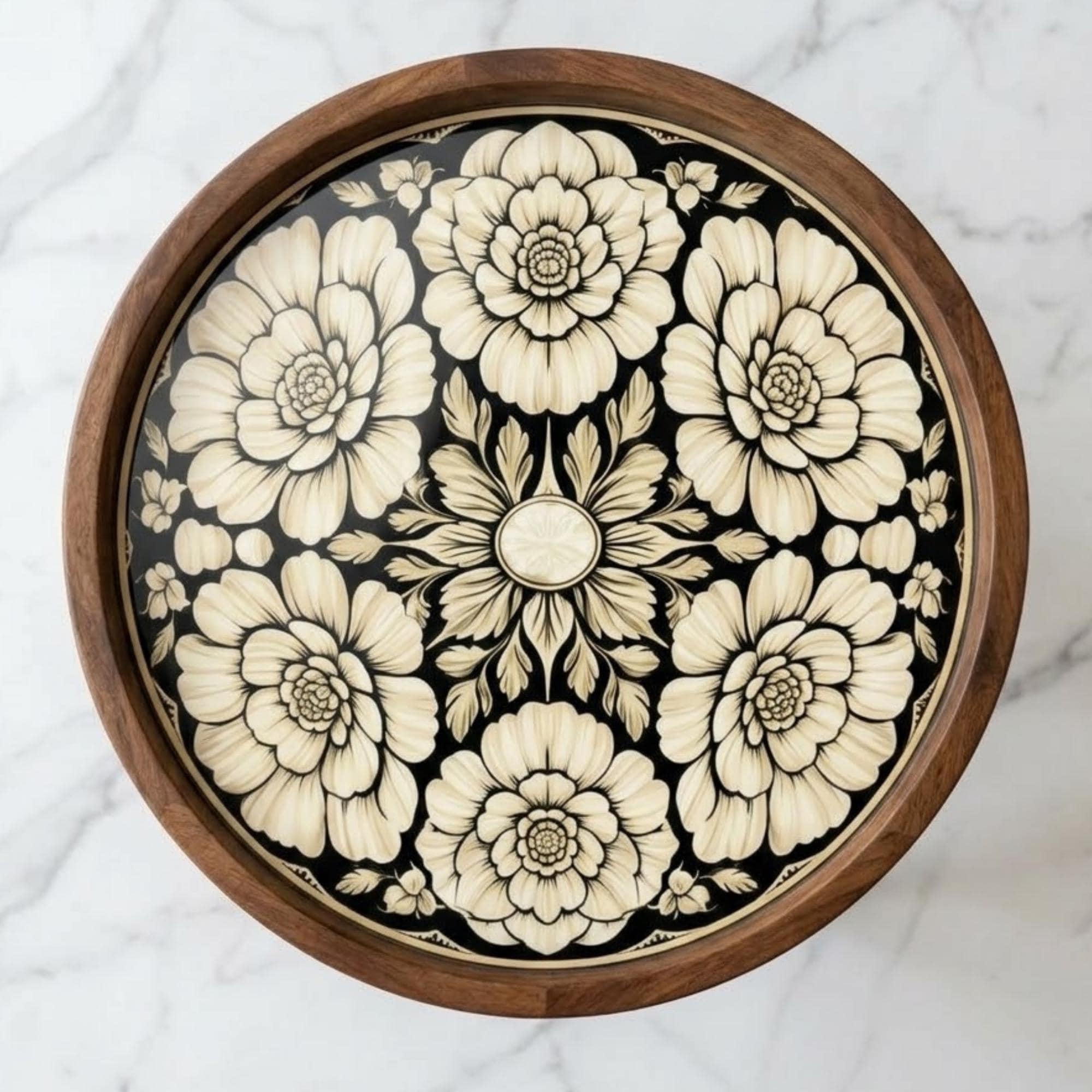 Handmade Mango Wood Side Table | Floral Print Round Accent Bedside Table