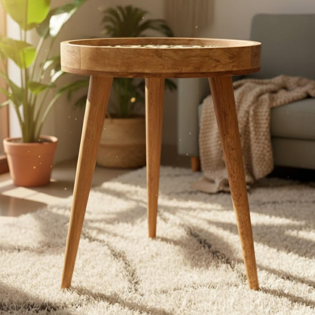 Handmade Mango Wood Side Table | Mandala Print Round Accent Table