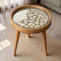 Handmade Mango Wood Side Table | Cracked Stone Print Round Accent Bedside Decor
