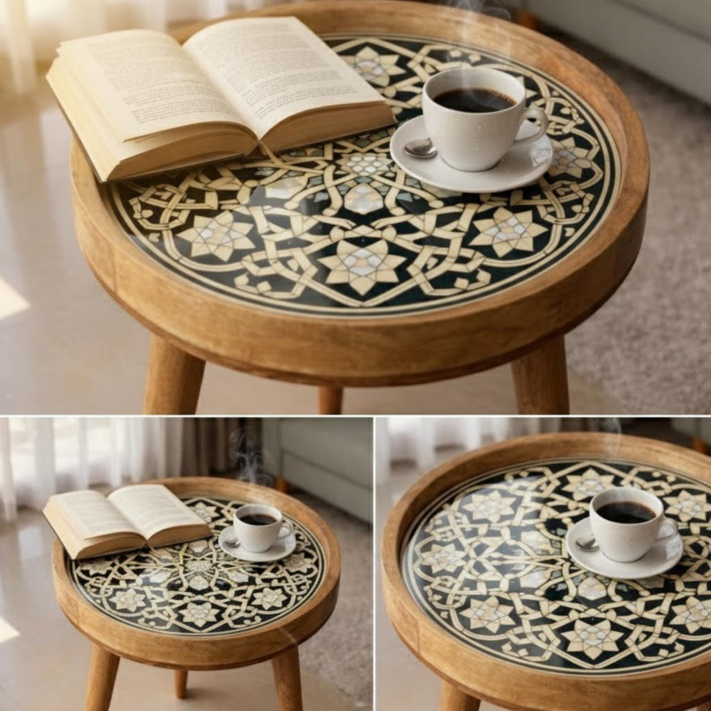 Handmade Mango Wood Side Table | Moroccan Geometric Print Boho Accent Round Table