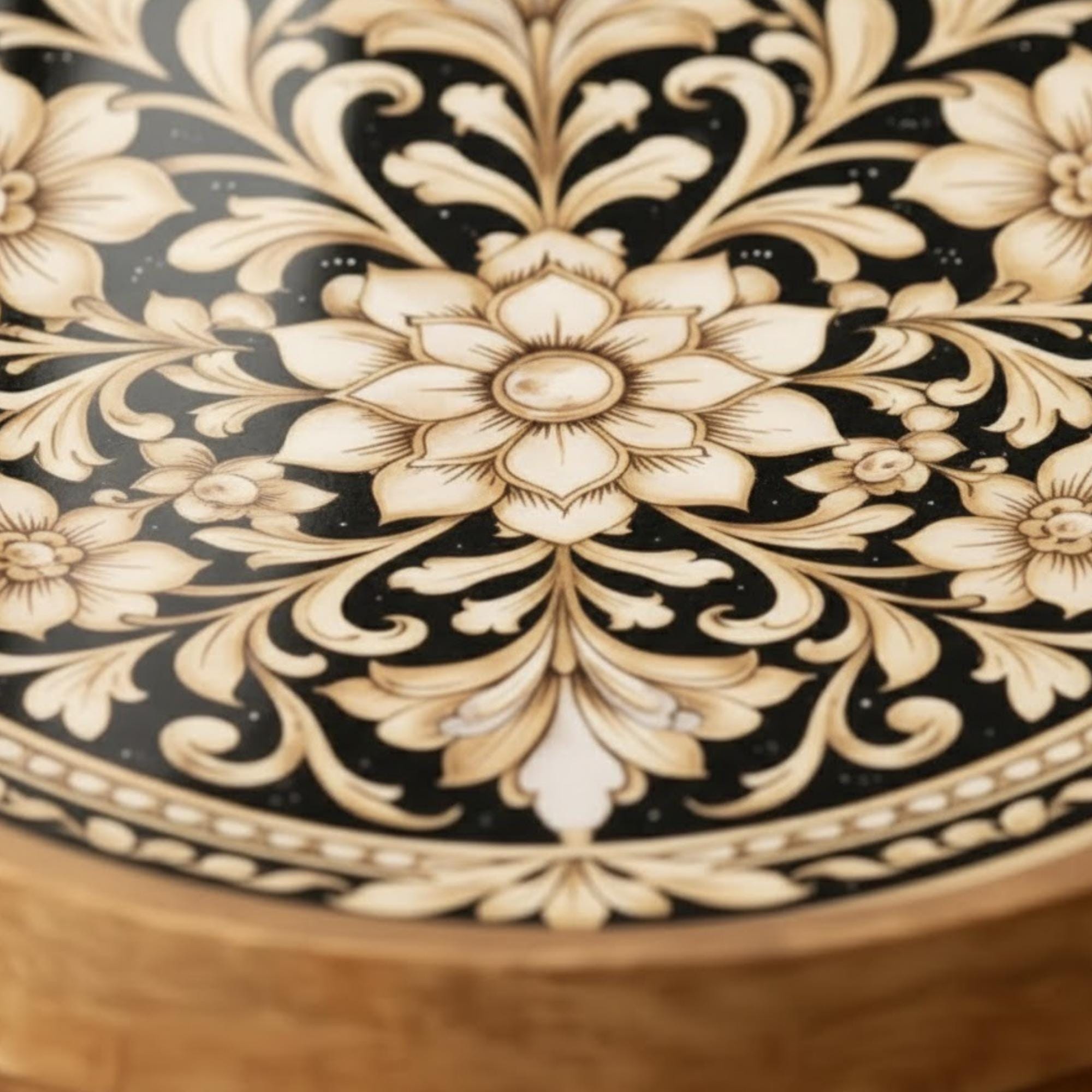 Handmade Mango Wood Side Table | Floral Printed Round Accent Table | Boho Bedside Furniture