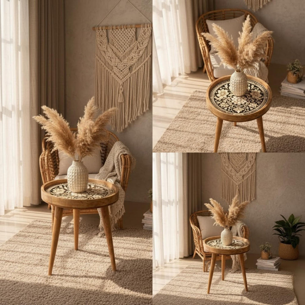 Handmade Mango Wood Side Table | Floral Printed Round Accent Table | Boho Bedside Furniture
